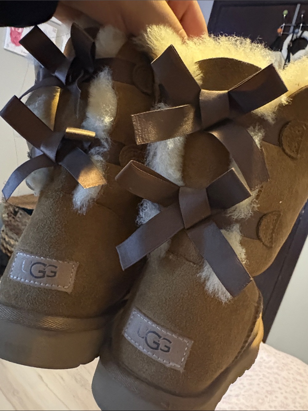 UGG Chestnut Suede Mini Boots with Shearling and Back Bows